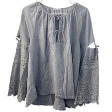 Hana San Blue White Striped Eyelet Bell Sleeve Cotton Blouse Top Womens 38 M picture
