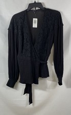 Torrid Women's Black Surplice Wrap Blouse Lace Insert Crinkle Gauze NWT Sz 00 picture