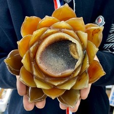 2.73LB Natural Agate Geode Carved Lotus Flower, Hand Carved Healing Crystal Home picture