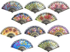 10 Pack Vintage Spanish Floral Folding Hand Fan Sequin Fabric Folding Handheld picture