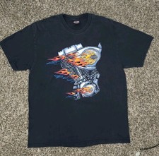 VINTAGE Harley Davidson HD Engine Chrome T-Shirt Size Large Flames Fire 3D picture