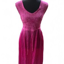 Raya Sun Vintage Pink Crinkle Gauze Boho Midi Dress Embroidered Sequin S Fits L picture