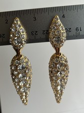 Vintage 1980s Gold Tone Pavé Rhinestone Giant Teardrop Dangle Runway Earrings picture