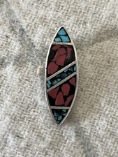 Vintage Native American Sterling Silver Pendant Inlay Turq And Red Coral picture