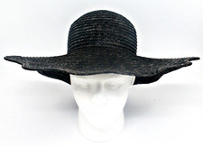 Vintge Wide Brim Scallop Edge Black Woven Straw Summer Hat Races by BETMAR Italy picture