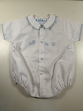 Vintage Feltman Bros Baby Boy White Romper Blue Train Hand Embroidered picture