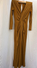 Lipsy London Gold Glitter Ruched Stretch V-Neck Long Sleeve Maxi Dress Sz 2 picture
