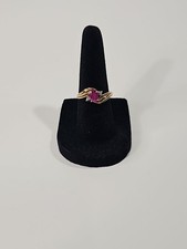 Vintage 10K Yellow Gold Oval Ruby and Diamond Accent Bypass Ring picture