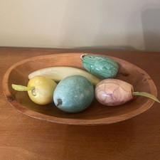 Vintage Polished Italian Marble/Stone Fruits Set Of 5 In Wooden Bowl 8x5” picture