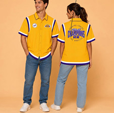 Los Angeles Lakers NBA Button-Up Shirt XL Yellow Purple White picture