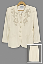 Jacqueline Ferrar Blazer Skirt Suit Set Size 10P Cream Embroidered Chic Vintage picture