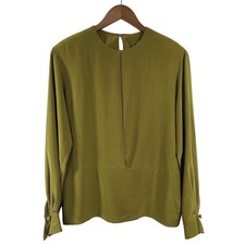 Vintage Anne Klein II Long Sleeve 100% Silk Blouse 10 Olive Green Office Career picture
