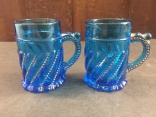 Vintage Antique Duncan Blue Eapg Beaded Swirl Glass Mini Mugs cup  picture