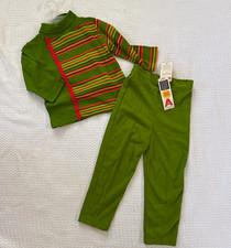 NWT VTG 60s Sears Green Stripe Pants & Long Sleeve Top 2 pc Youth Girl Sz 6X picture