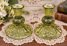 Vtg Fenton Art Glass Daisy Button Avaxado Green Candlestick Candle Holders picture