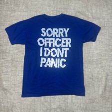 No Panic Zone Sorry Officer I Don't Panic T-Shirt Mens L Blue Double Sided picture