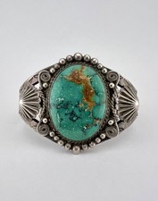 OLD Fred Harvey Navajo Sterling Silver Cerrillos Turquoise Stamped Cuff Bracelet picture