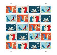 USPS LOVE BIRDS SHEET OF 100 FIRST CLASS LETTER STAMPS picture