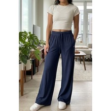 New Fabletics Cloud Jersey Wide Leg Pull On Pant Navy Blue Women's Size Long S picture