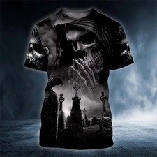 Praying Grim Reaper In Graveyard Skull 3D T Shirt, Skull T Shirts Mens picture