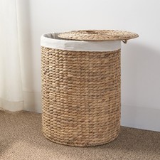 Round Tall Water Hyacinth Woven Wicker Laundry Hamper with Lid For Clothes Brown picture