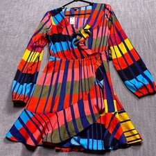 Express Fit & Flare Wrap Dress Womens Small Multi Colorblock Ruffle V Neck NEW picture