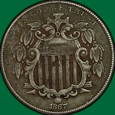 1867 No Rays Shield Nickel Almost Uncirculated AU Coin, Corrosion #49767 picture