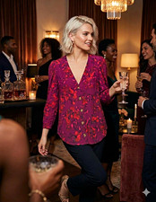 Maeve by Anthropologie Purple Red Floral Chiffon Sheer V-Neck Blouse L picture