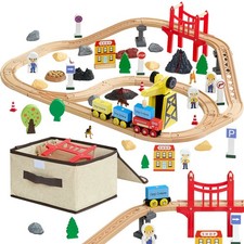 Uimoso 70PCS Wooden Train Set for Kids Ages 3-8with Tracks and Construction picture