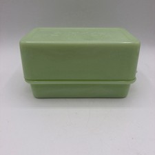 Vintage 1930s Jeanette Green Jadeite Butter Dish Cover Embossed Top Tab Handle picture