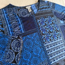 Catherines Women's Plus Size Blue Patterned Top with Crochet Hem picture