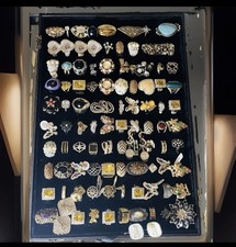 100 Vintage & New Costume Jewelry Ring Lot Many Signed + 3 Free Earrings picture