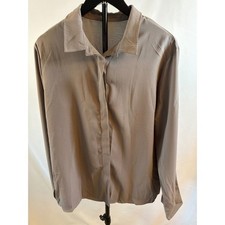 Womens Grey Long Sleeve Hidden Button Down Blouse Office Work Top Size L picture