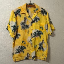 Vtg 40's Polynesian Sportswear Rayon Yellow Hawaiian Shirt Aloha Tower Tiki picture