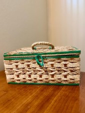 Vintage Woven Straw Sewing Basket Green Floral Satin Tufted Lining Pincushion picture