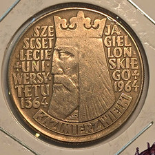 1964 Poland 10 Zlotych Kazimierz Wielki 600th Jag Univ Copper-Nickel incuse picture