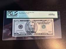 DBR 1996 $50 Kansas City STAR Fr. 2126-J* PCGS 35 PPQ Fancy Serial AJ00006666* picture