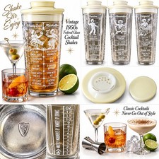 Vintage Federal Glass Cocktail Shaker 1950s Recipe Barware Strainer Lid MCM picture