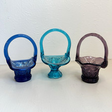 Vintage Fenton Blue, Teal, and Amethyst Mini Glass Basket Trio, 5