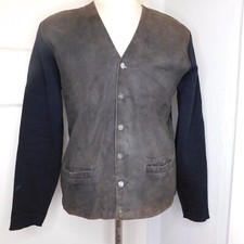 Vtg 60s Puritan Mens L Black Cardigan Knit Sweater Suede Rockabilly Grandpa picture