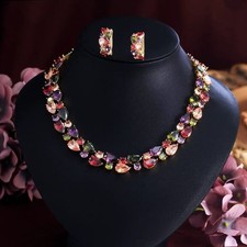 Multicolor Crystal Necklace Earrings Set Gold Statement Vintage Jewelry picture