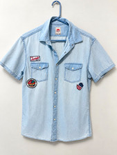 Celio Shirt Mens L Blue Chambray Denim Snap Surfer California Patch Short Sleeve picture