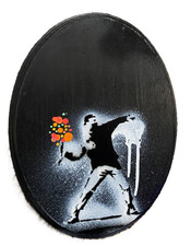Banksy Graffiti Art Flower Thrower Wood Painting 8.5x11.5 picture