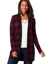 Size L NWT Talbots Buffalo Plaid Open Front Burgundy & Black Wool Cardigan picture