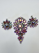 Vintage Vendôme Purple AB Rhinestone Brooch Earrings Demi Parure Signed picture