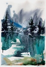 Original Watercolor Painting Winter Scene Evergreen Trees Small Landscape Art picture