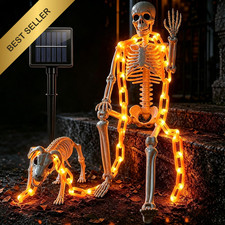 3Ft Halloween Skeleton and Dog Skeleton Set with Light Chain Outdoor Decoration picture