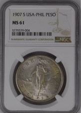 :1907-S 1-PESO .800-SILVER USA PHILIPPINES NGC MS 61 BRILLIANT BEAUTY RARE R5 picture