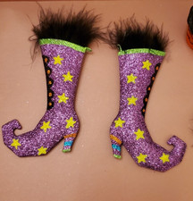 VINTAGE PAIR Pier 1 Glitter Halloween Witch's Boot Ornament STARS 2 ORNAMENTS picture