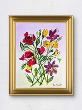 Original Flower Art 14x11 Canvas Colorful Abstract Expressionist Painting Signed picture